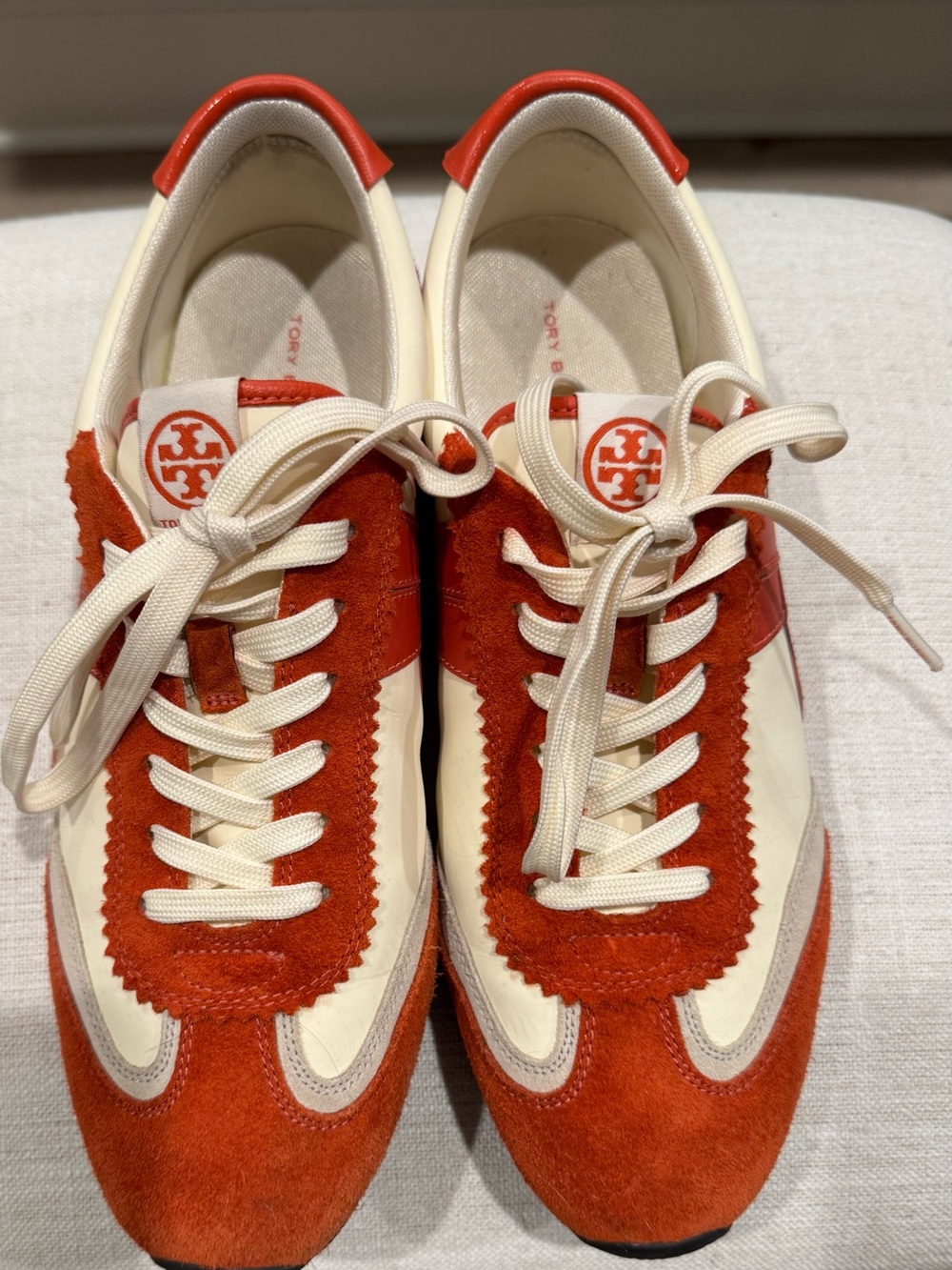 Tory Burch Red and Cream Suede Lace-Up Sneakers